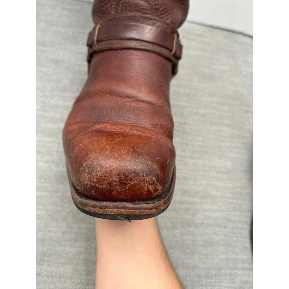 Frye Harness 12R Boots Mens 11 Brown Leather Biker Western Square Toe Distressed